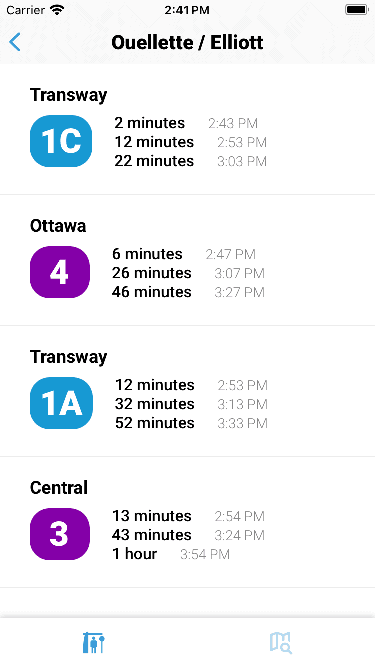 Capture d'écran de l'application montrant l'écran des départs en temps réel