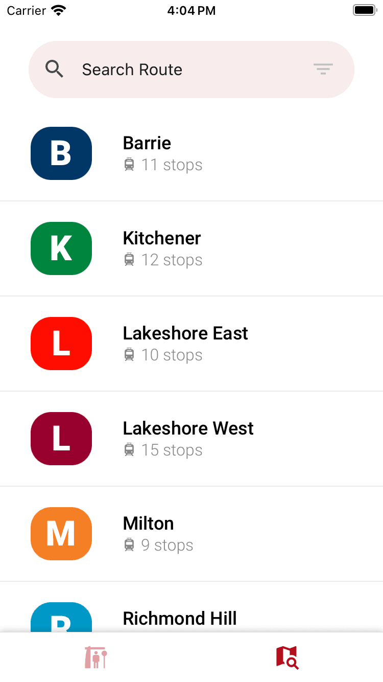 Capture d'écran de l'application montrant l'écran des lignes