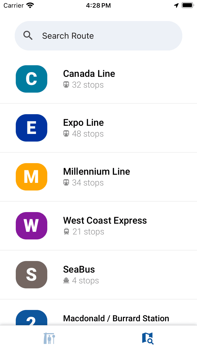 Capture d'écran de l'application montrant l'écran des lignes