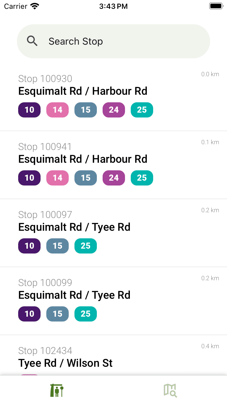 App screenshot showing transit stop search screen