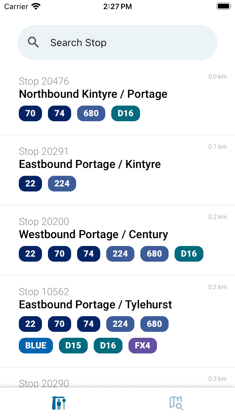 App screenshot showing transit stop search screen