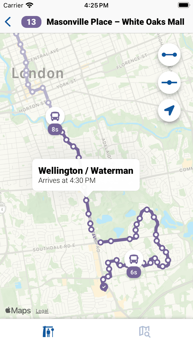 Capture d’écran de l’application montrant l’écran d’une ligne de transport
