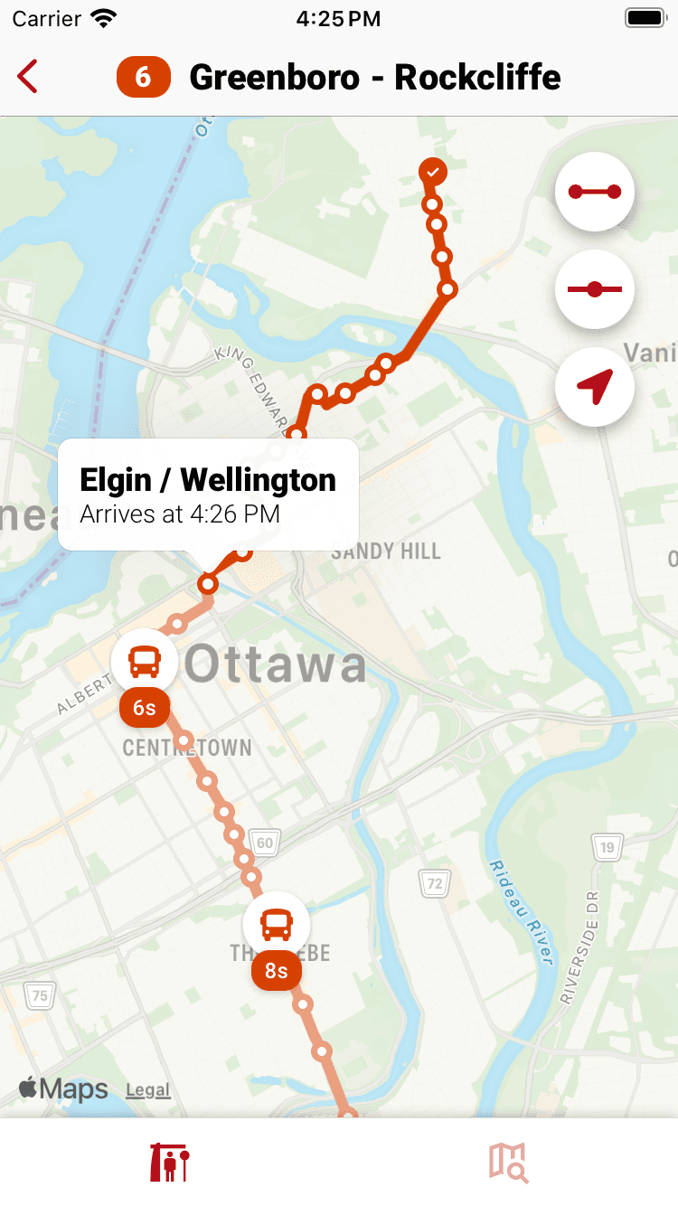 Capture d’écran de l’application montrant l’écran d’une ligne de transport