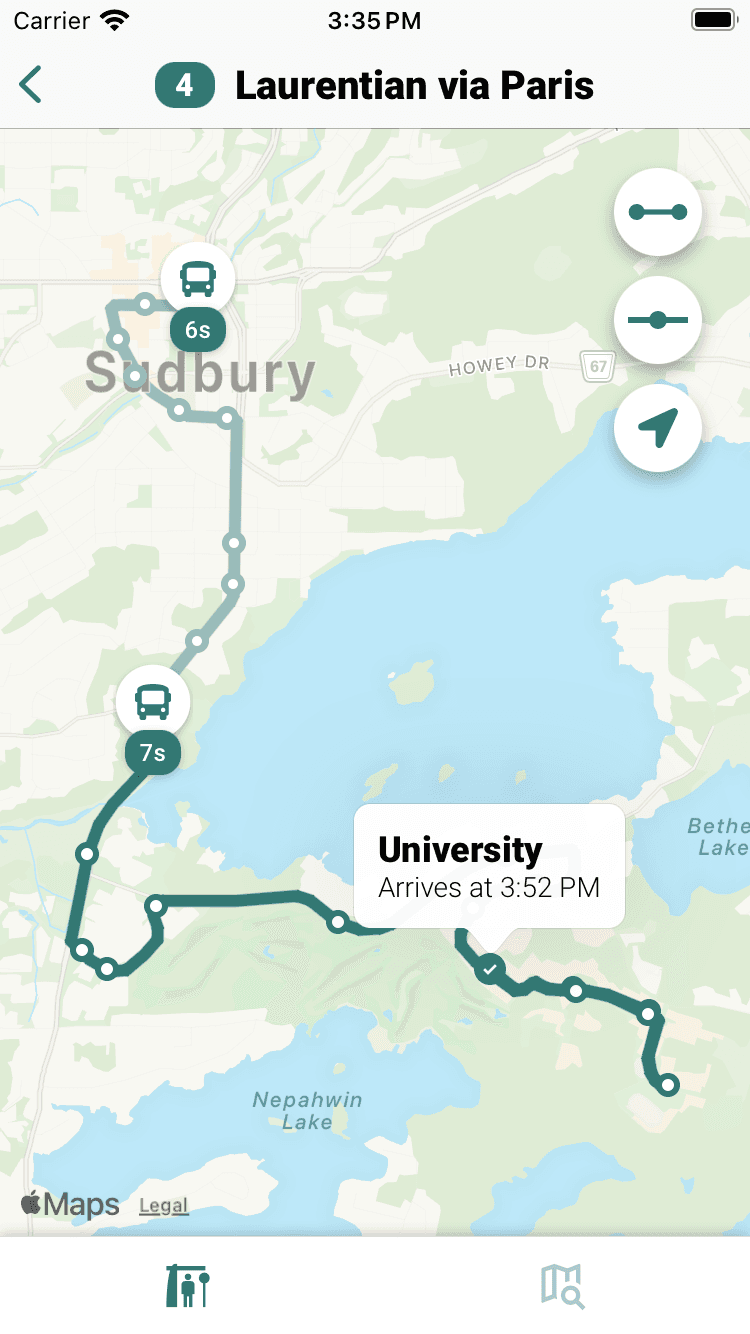 Capture d’écran de l’application montrant l’écran d’une ligne de transport