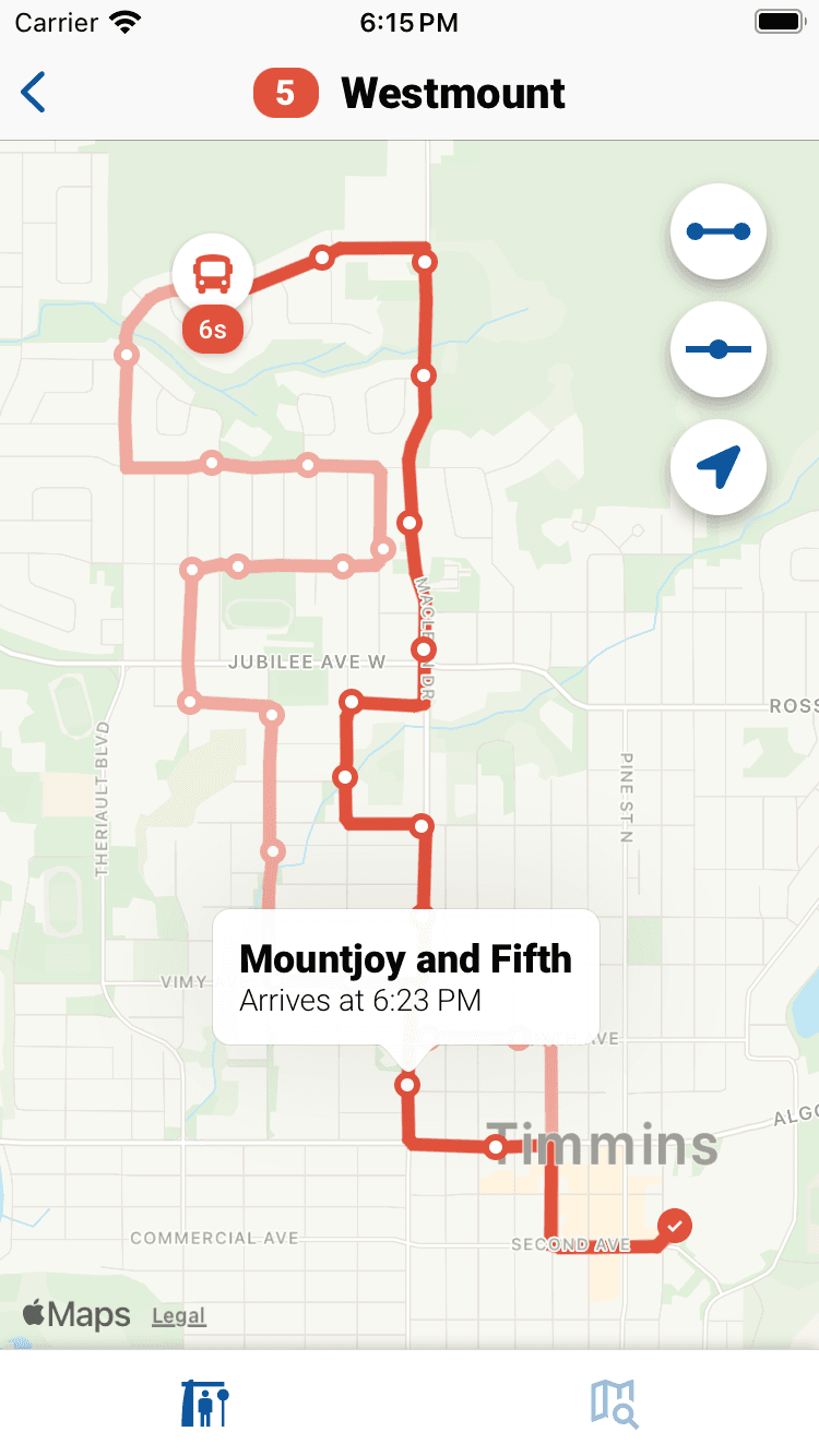 Capture d’écran de l’application montrant l’écran d’une ligne de transport