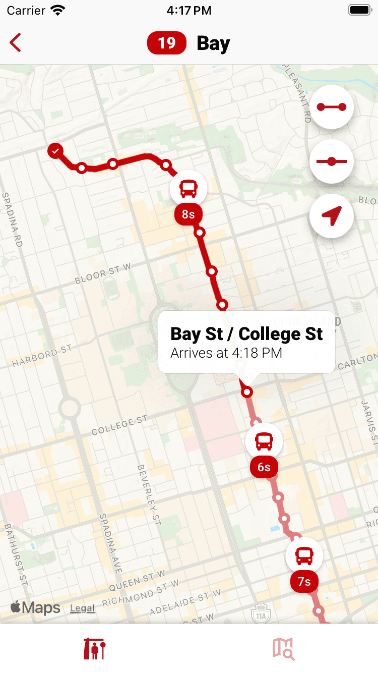 Capture d’écran de l’application montrant l’écran d’une ligne de transport