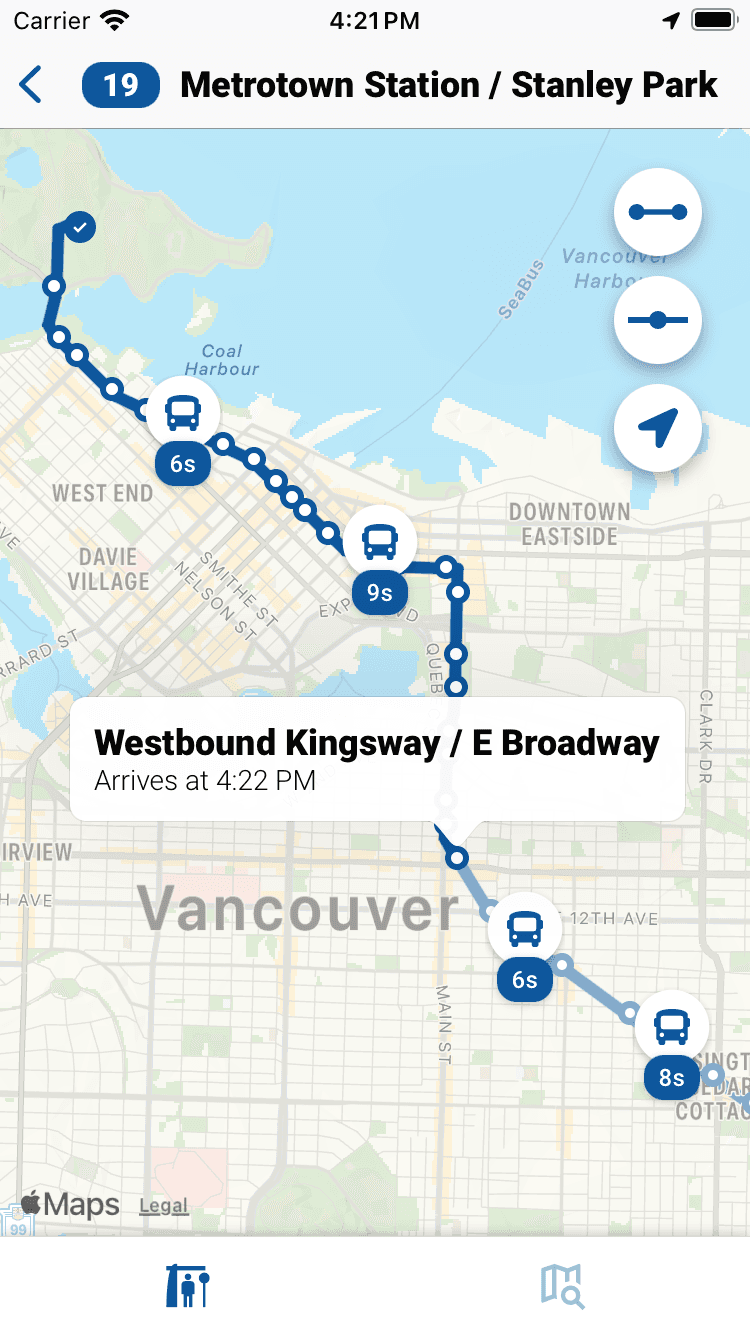 Capture d’écran de l’application montrant l’écran d’une ligne de transport