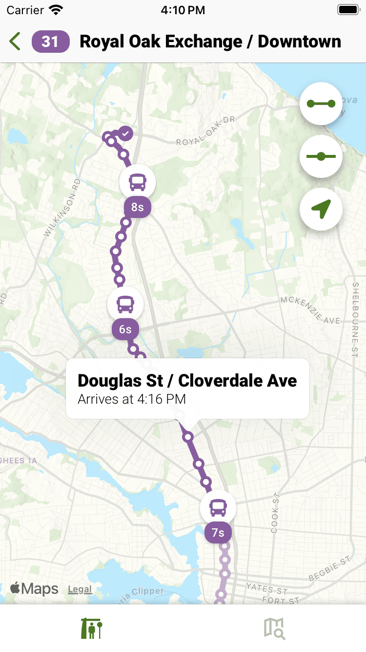 Capture d’écran de l’application montrant l’écran d’une ligne de transport