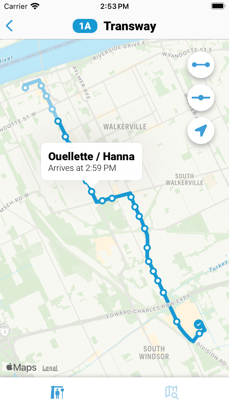 Capture d’écran de l’application montrant l’écran d’une ligne de transport