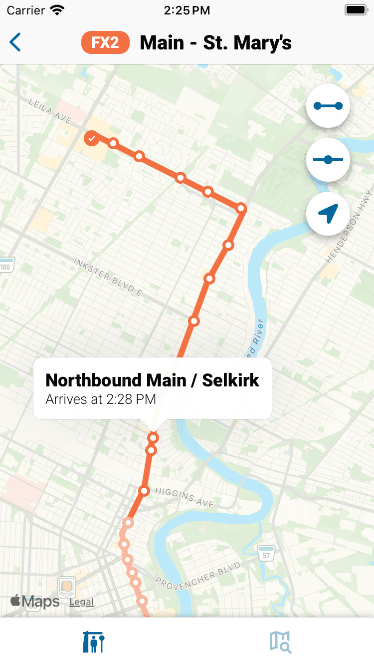Capture d’écran de l’application montrant l’écran d’une ligne de transport