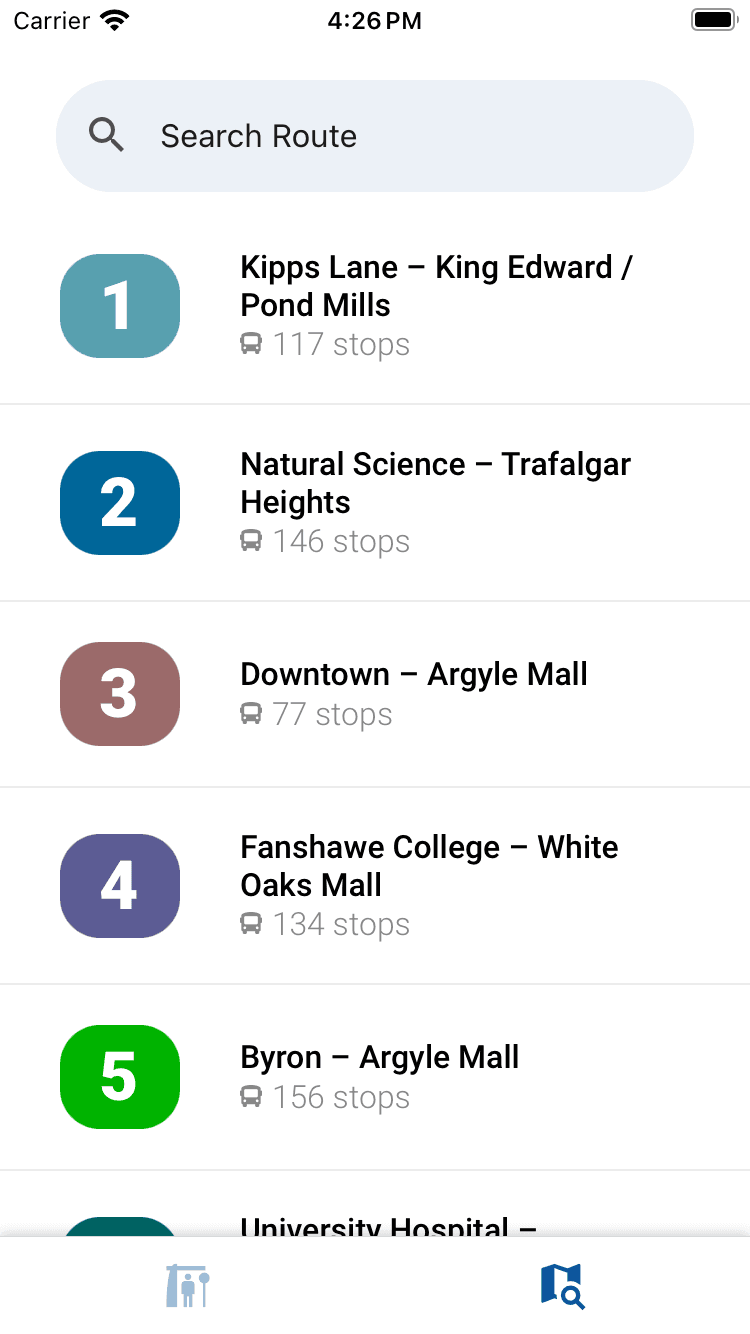 App screenshot showing transit routes screen
