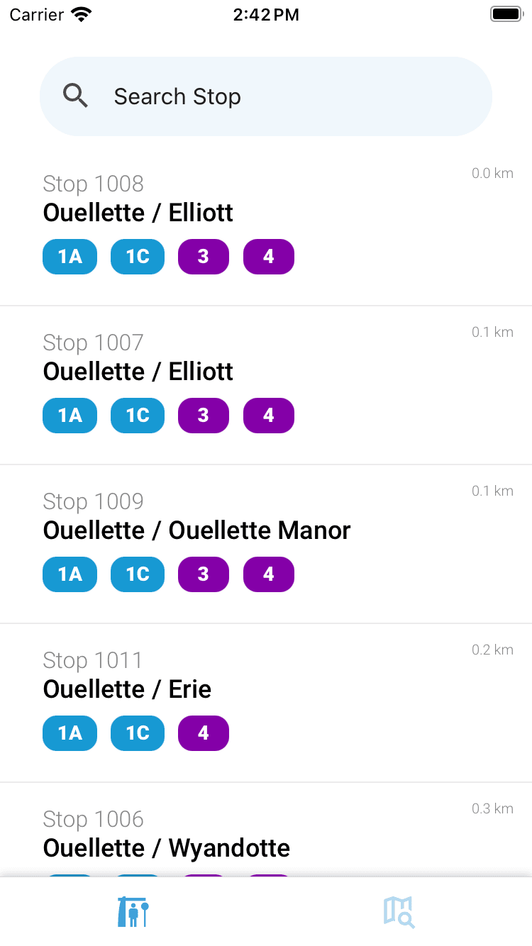 Capture d’écran de l’application montrant l’écran de recherche d’arrêts